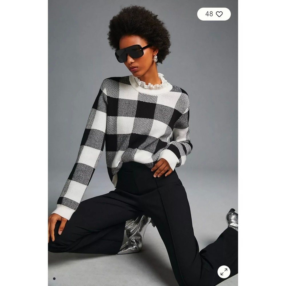 By Anthropologie Plaid Ruffle-Collar Pullover Small